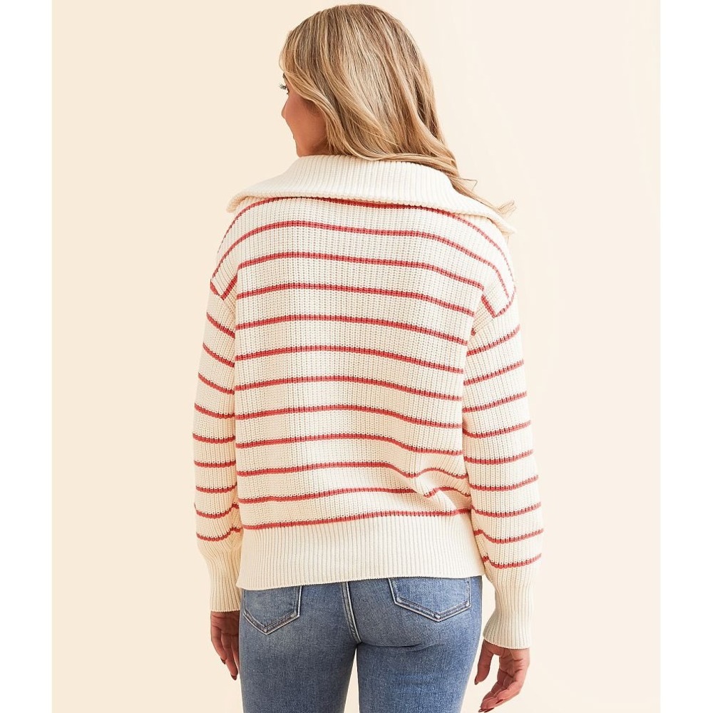 Z Supply Striped Quarter Zip Sweater Cream Red Ribbed Collar Knit XS - Picture 2 of 10